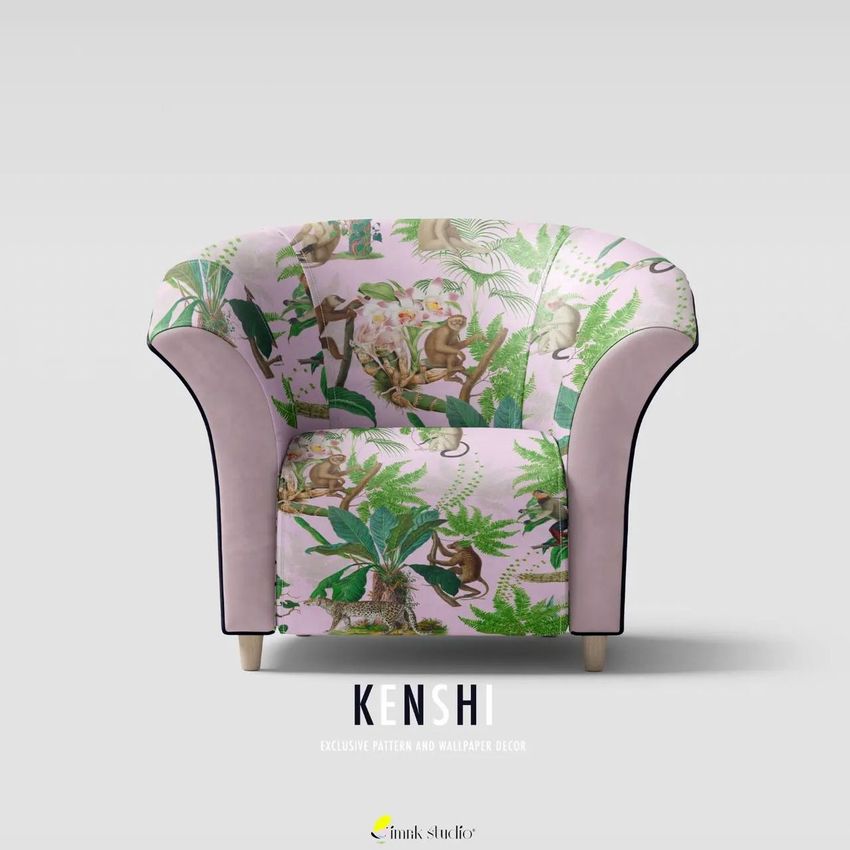 Tub armchair mockup with a pastel pink and green jungle pattern featuring monkeys and tropical plants, set against a light gray background.