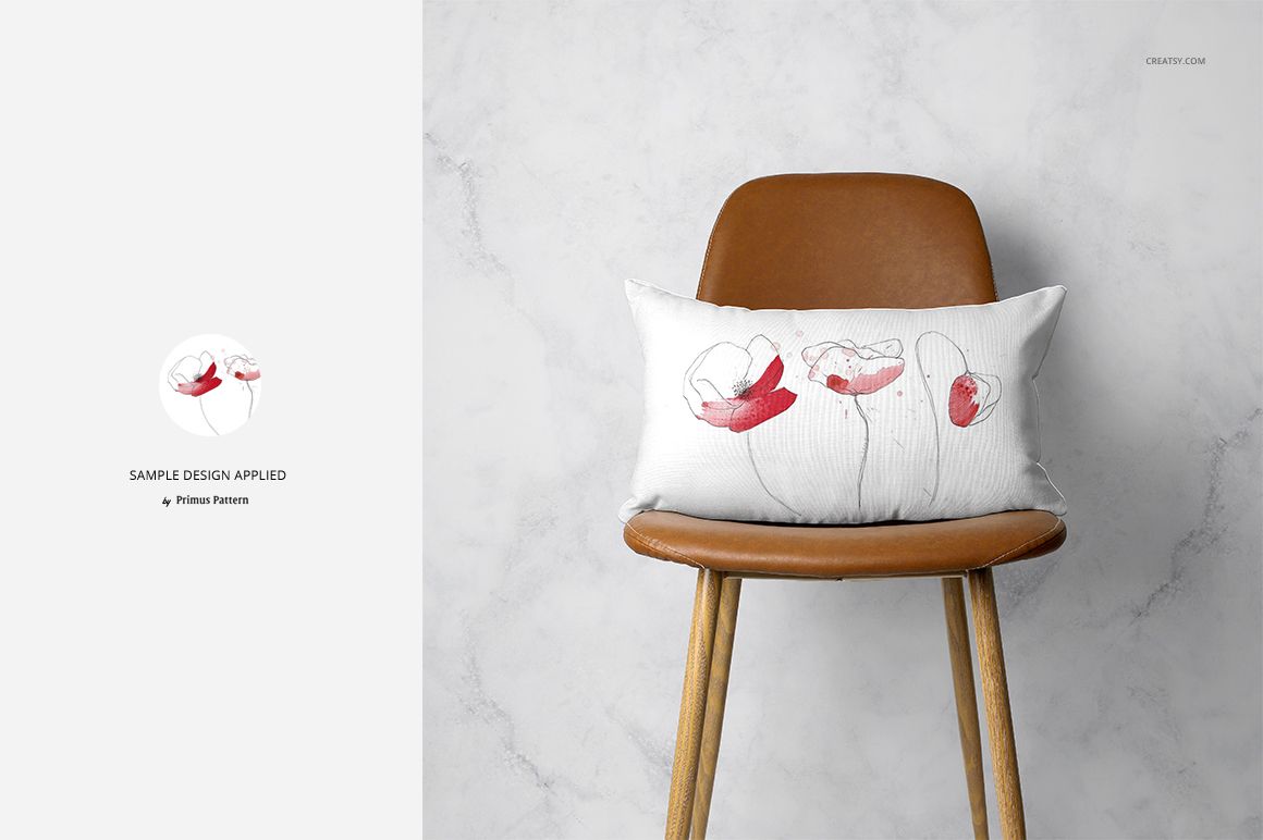 PSD mockup featuring a decorative pillow with a minimalist flower design, placed on a modern brown chair.