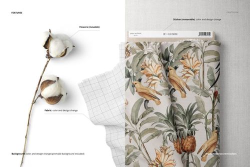Close-up view of a cotton fabric bolt mockup featuring a botanical bird pattern, with cotton stems and grid fabric nearby.