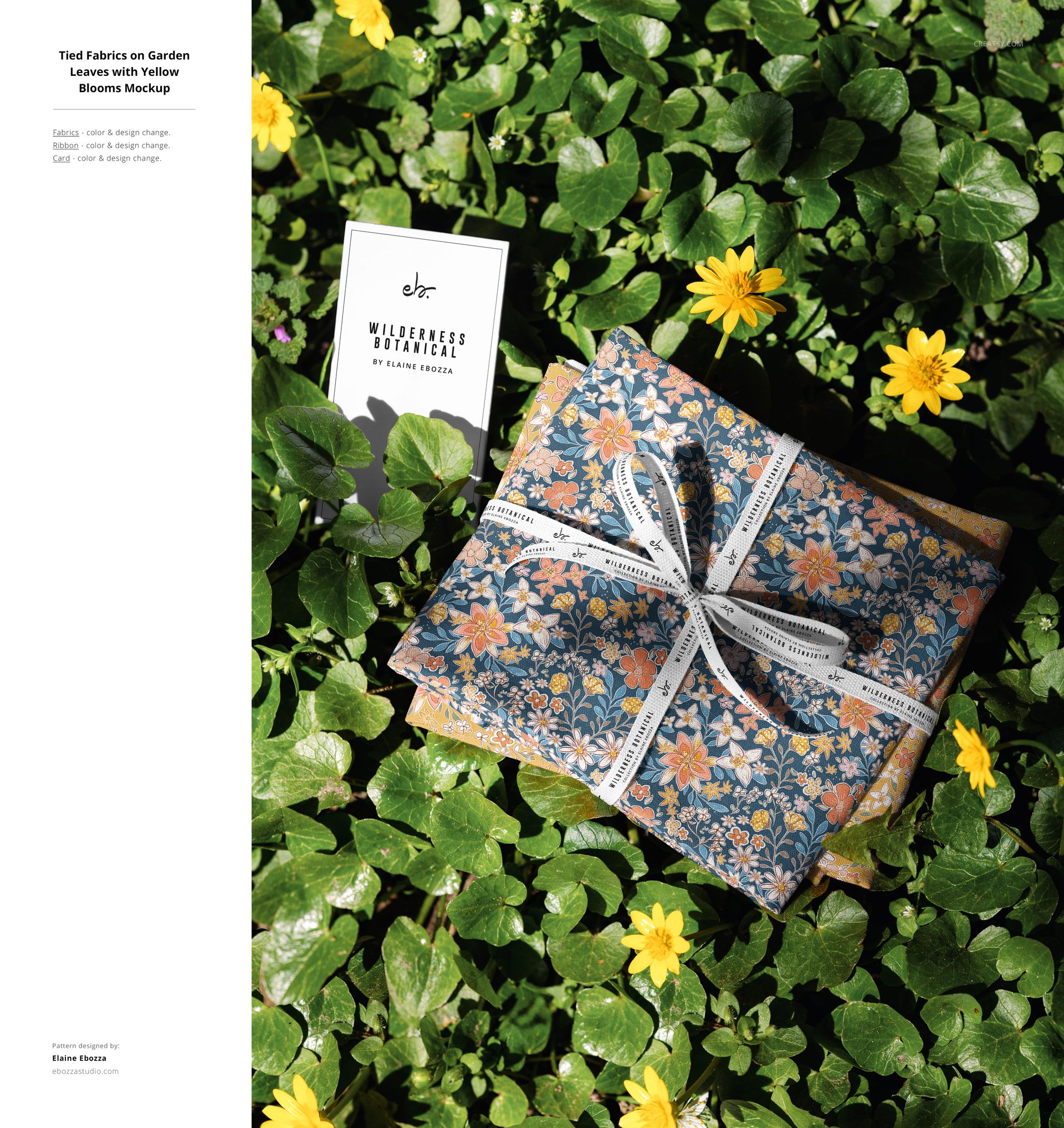 Floral patterned fabric mockup bundles arranged outdoors on lush green leaves and surrounded by yellow blossoms.