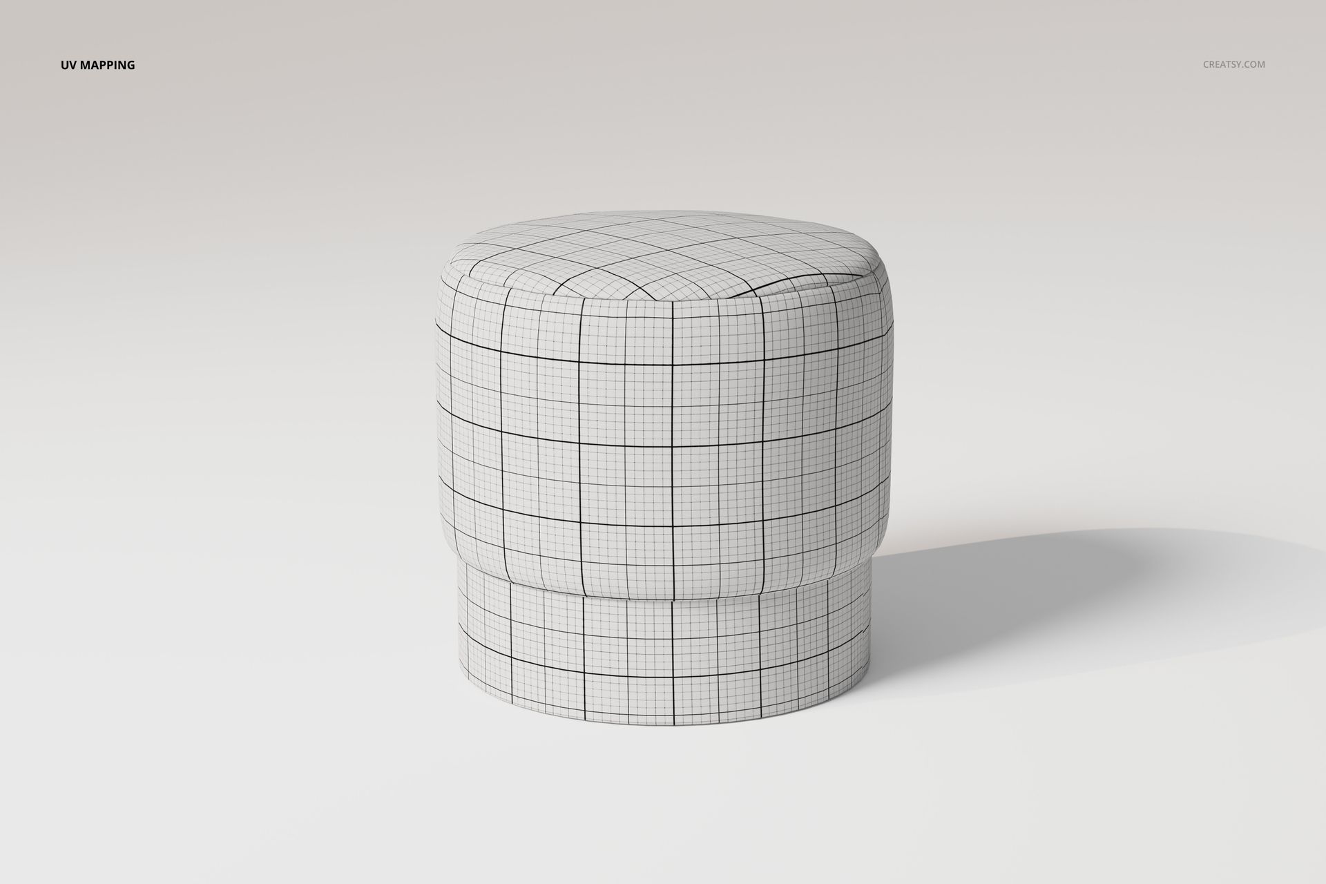Round upholstered pouf with a grid pattern shown from a front angle on a light background in a minimal scene.