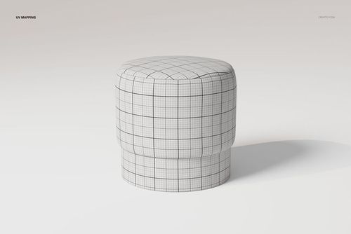 Round upholstered pouf with a grid pattern shown from a front angle on a light background in a minimal scene.