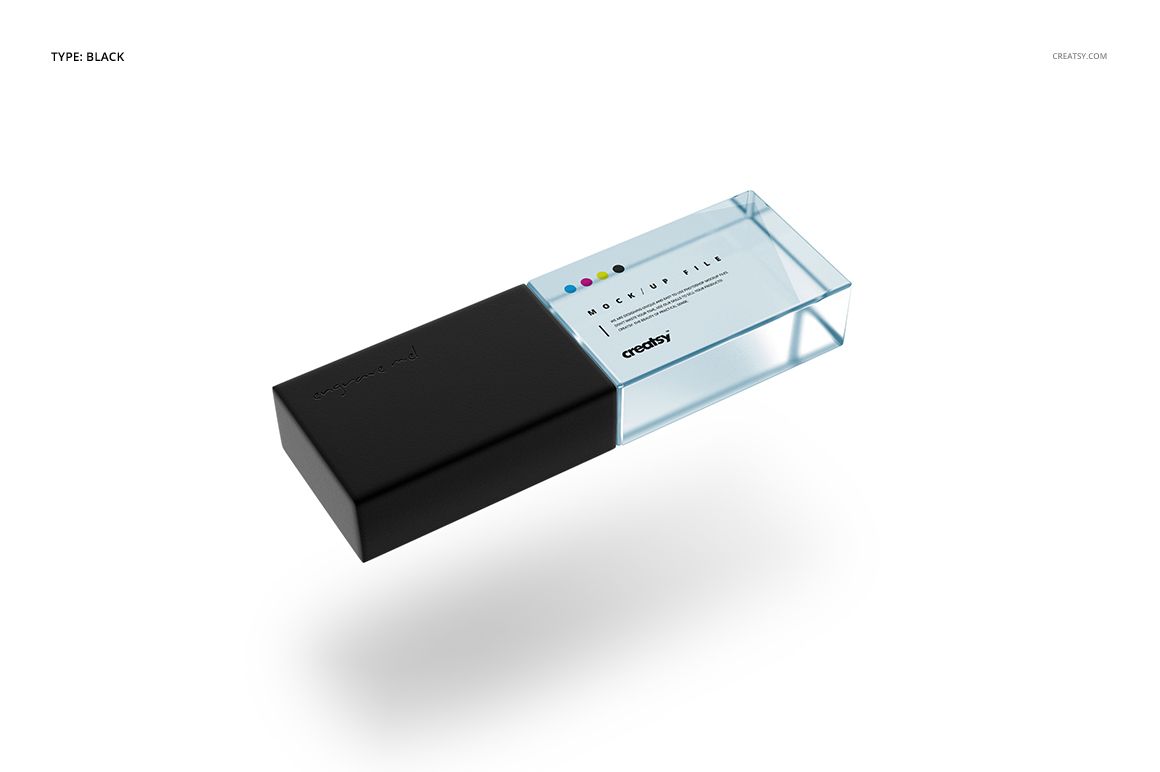 Mockup of an acrylic USB drive featuring a clear section and black end, displayed in a floating perspective.