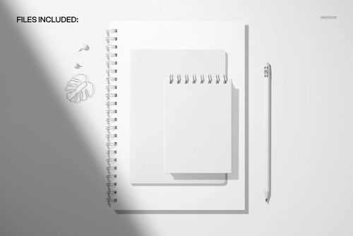 Spiral notepad planner and notebook mockup with pencil and paper clips, shown from a top-down perspective on a white background.