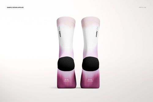 Front view of two fashion socks mockup with a gradient pink and white design, black heel accents, on a light background.