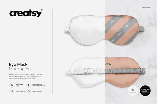 Eye mask mockup set featuring two sleep masks, one with a striped pattern and one plain, shown from a top view.