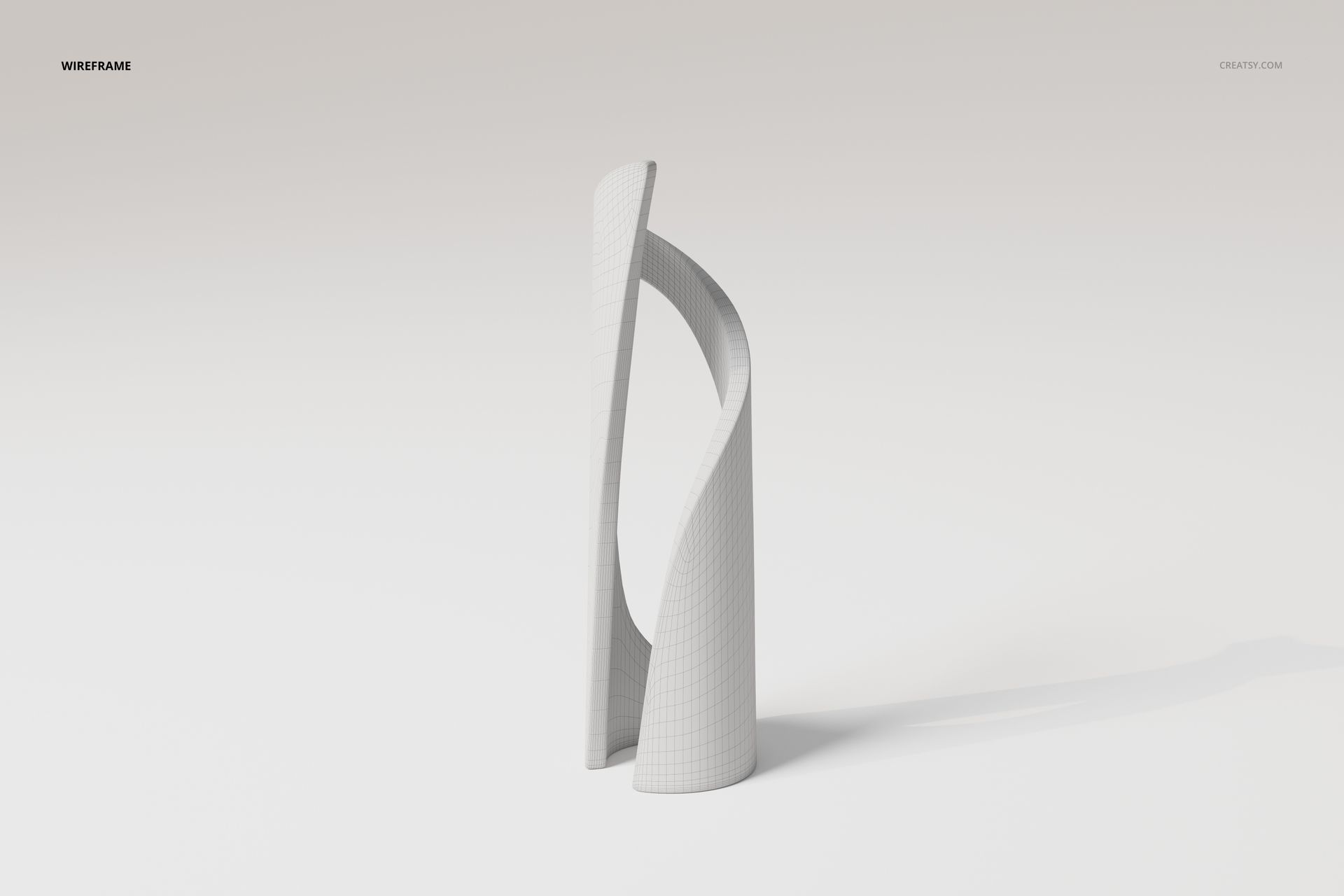 Modern art sculpture vase with a tall, twisting form in light gray, shown from the front on a plain white background.