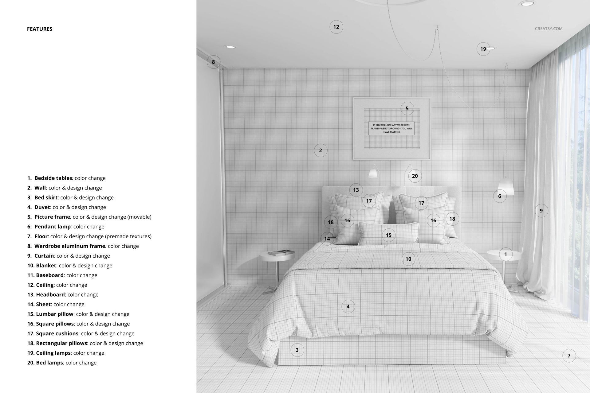 Front view of a modern bedroom with white bedding, pillows, and bedspread featuring a subtle grid pattern mockup.