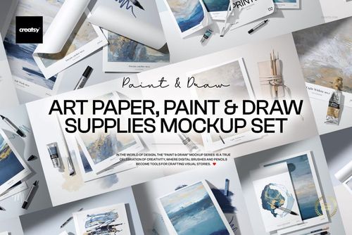 Various art paper sheets, paint tubes, brushes, pencils, and markers arranged on a white surface in a studio mockup.