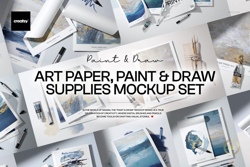 Various art paper sheets, paint tubes, brushes, pencils, and markers arranged on a white surface in a studio mockup.