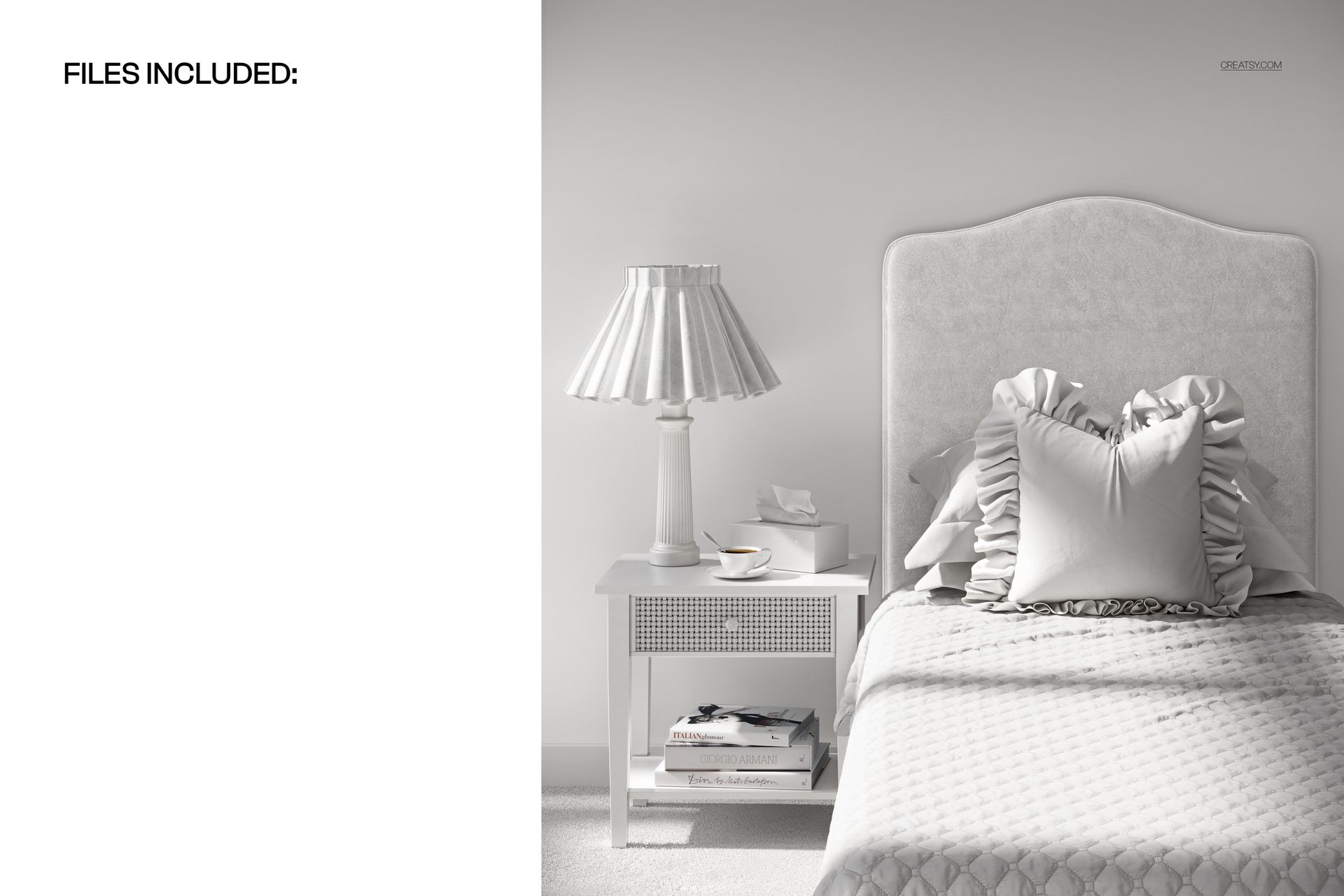 Front view of a grandmillennial bedroom bedding mockup with ruffled pillows and a quilted bedspread in soft neutral tones.