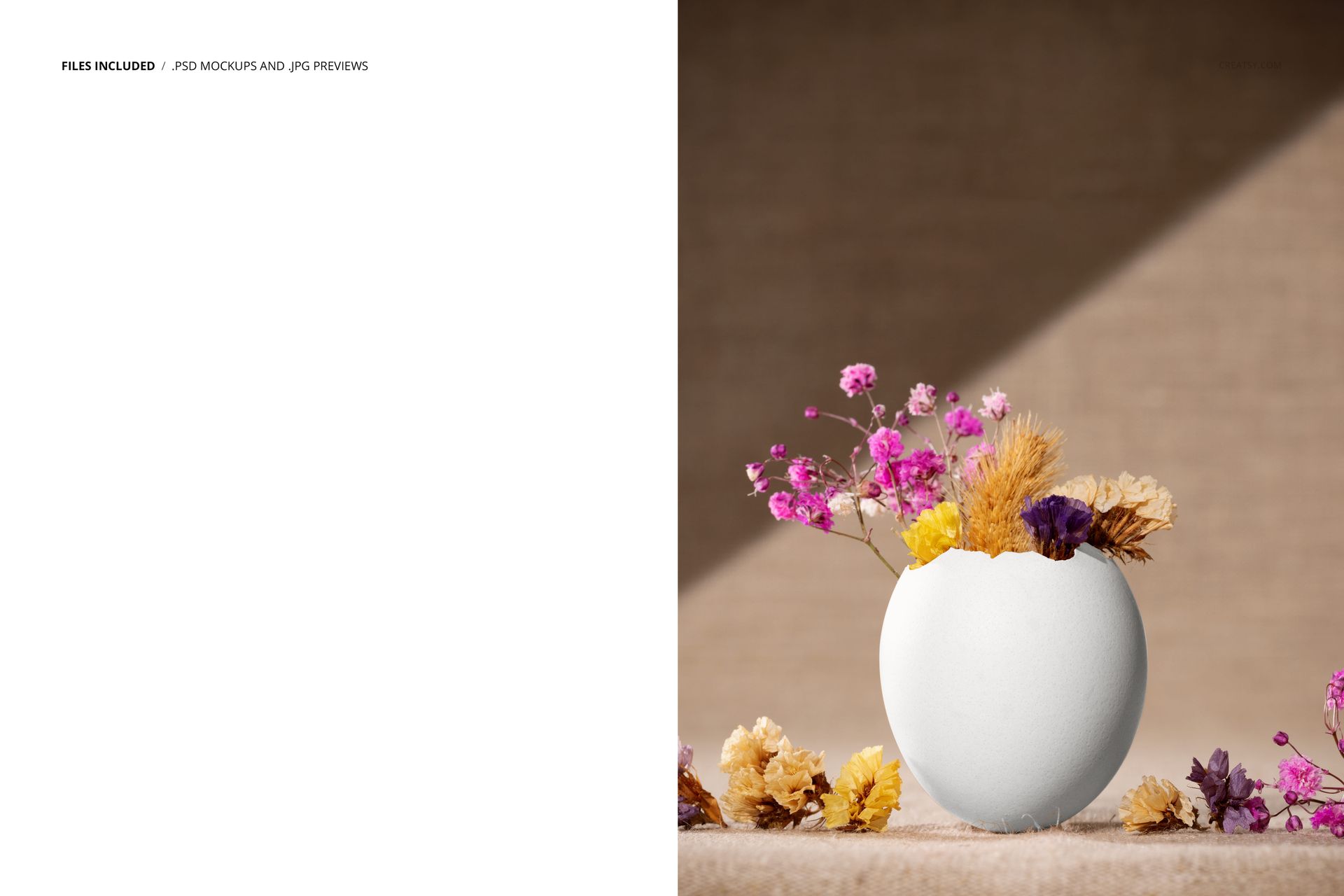 Egg shell vase mockup featuring assorted dried flowers in shades of pink, yellow, and purple on a beige background.