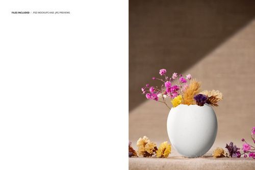 Egg shell vase mockup featuring assorted dried flowers in shades of pink, yellow, and purple on a beige background.