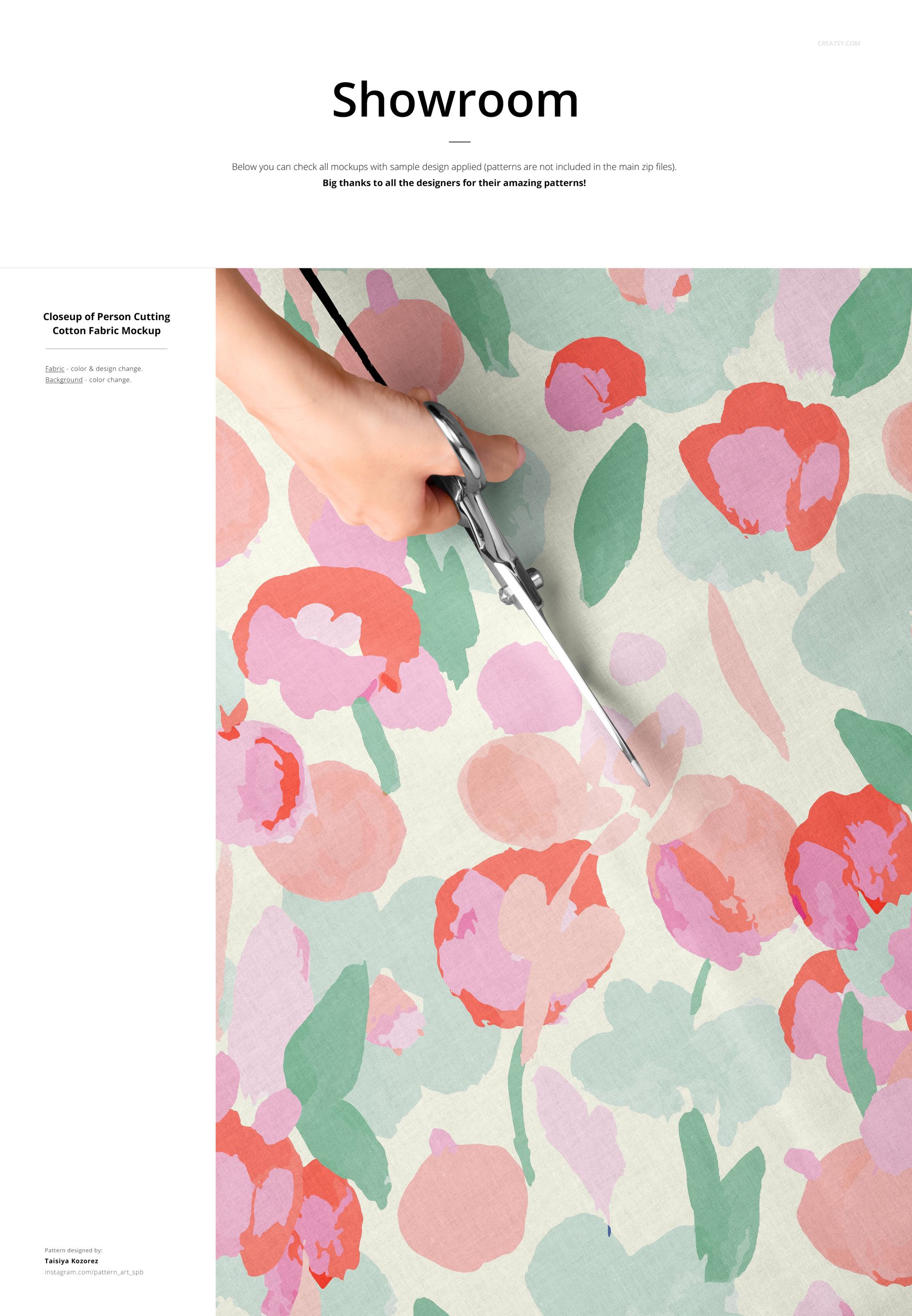 Top view of a hand using scissors to cut cotton fabric with a colorful floral pattern, shown in a mockup scene.