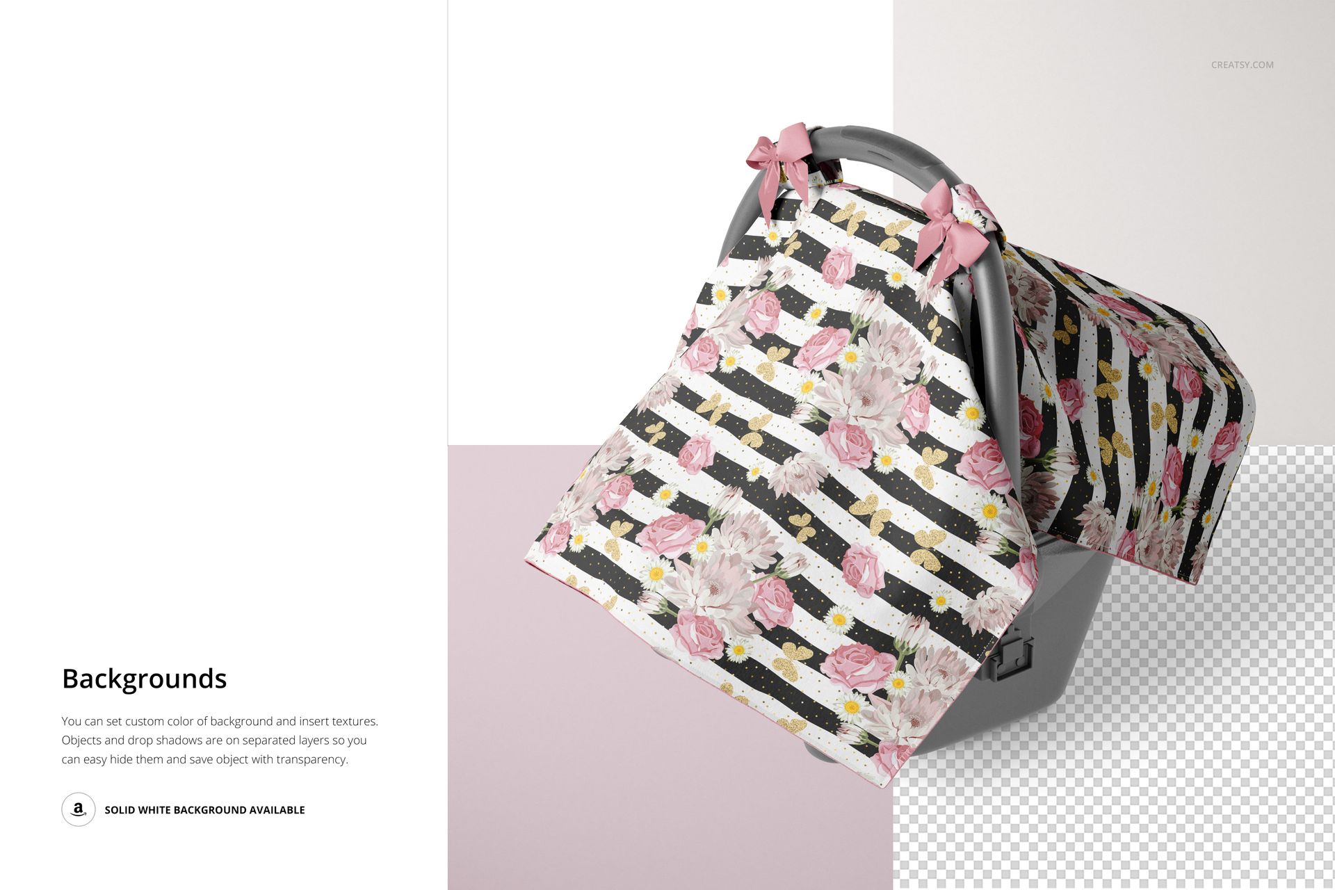Baby car seat canopy with a dot minky cover mockup featuring pink floral and striped patterns, front angled view.