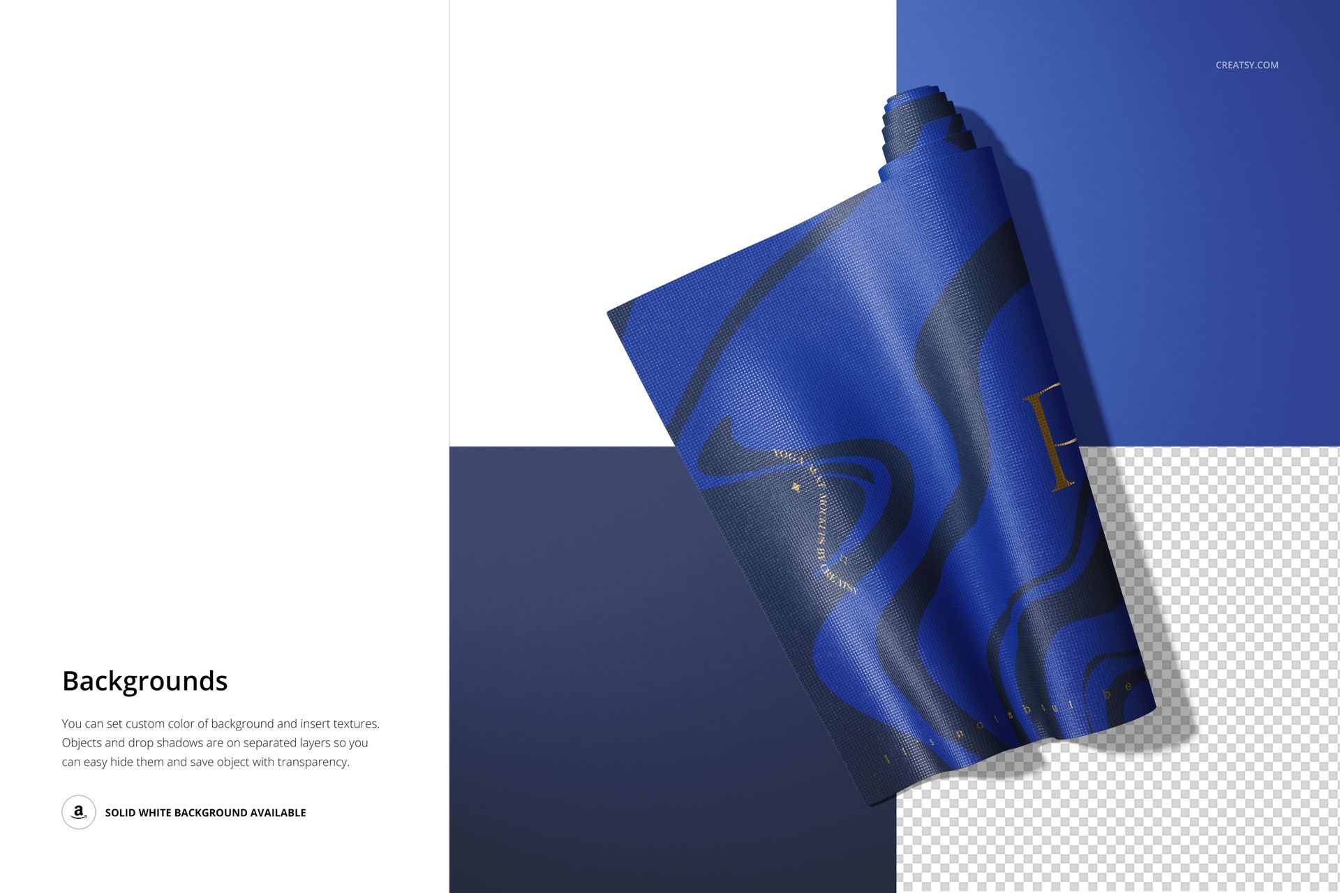 Yoga mat mockup featuring a rolled mat with blue and dark swirl design on split color and transparent backdrop.