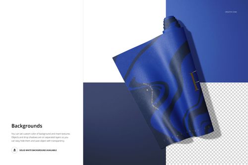 Yoga mat mockup featuring a rolled mat with blue and dark swirl design on split color and transparent backdrop.