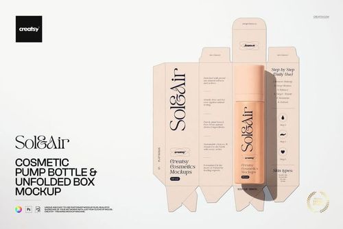 Cosmetic pump bottle mockup in light peach, displayed beside an unfolded packaging box with detailed instructions.