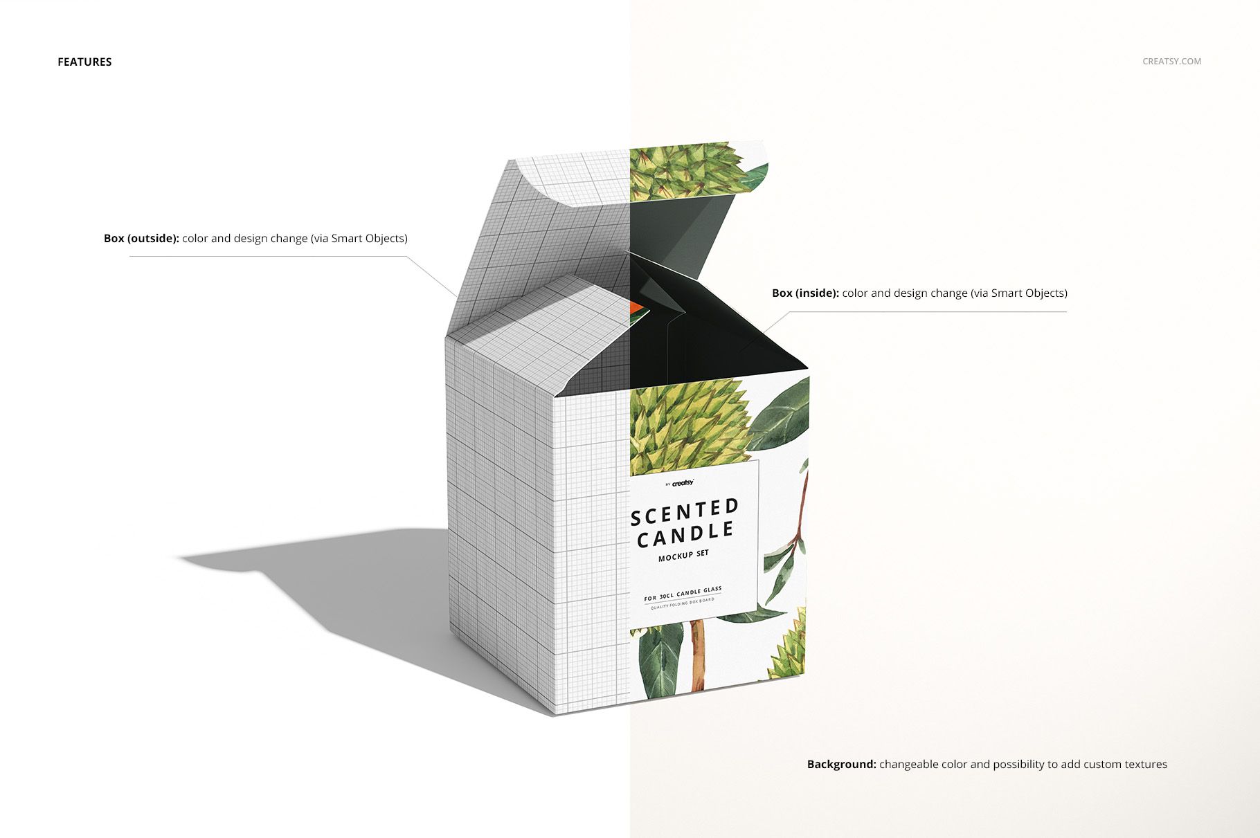 30cl candle box mockup with open lid, showing botanical artwork on the outside and inside panels, side angle view.