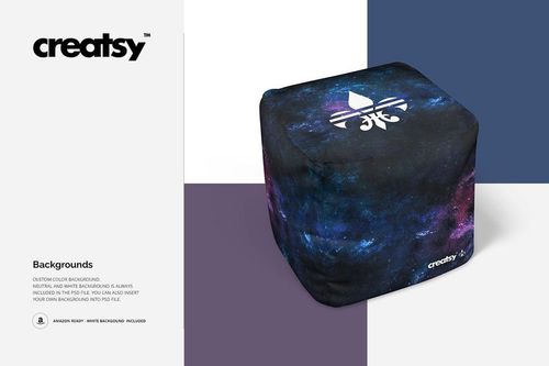 Cube ottoman mockup with dark galaxy print and white logo, displayed on a split purple and white background.