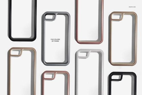 Set of iPhone bumper case mockups featuring transparent centers and colored frames, laid out on a neutral white surface.