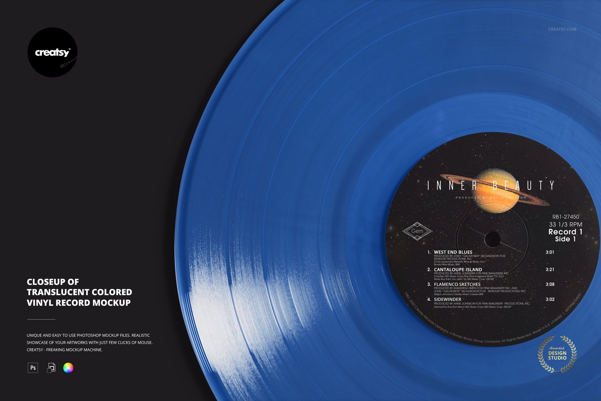 Top view of a translucent colored vinyl record mockup featuring a blue disc and a planet-themed center label.