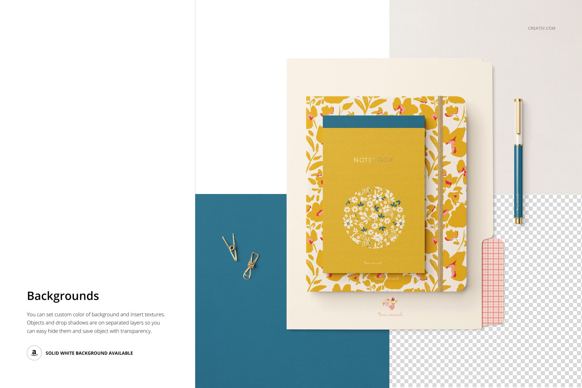 Top view of a stationery set mockup with floral notebooks, a blue sheet, gold pen, and paper clips on a white background.