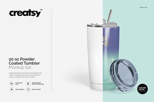 Front view of a 20 oz powder coated tumbler with gradient blue and purple design, removable lid and straw on white background.