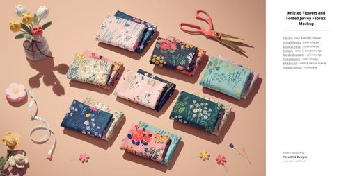 PSD mockup showing multiple folded jersey fabrics in various flower prints, set on a peach background with decorative accessories.