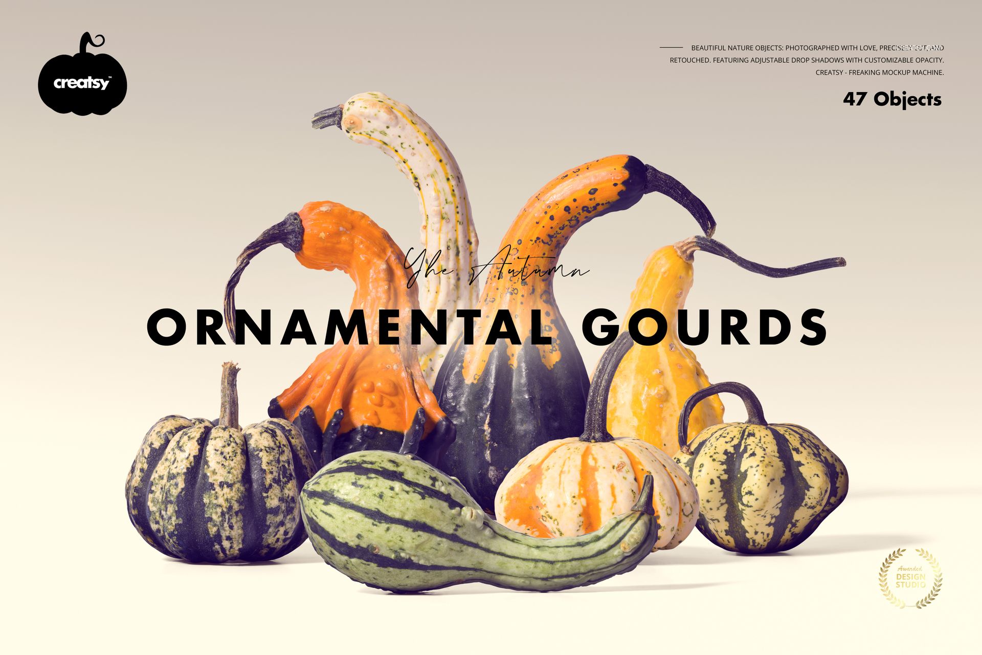 PSD mockup of multiple ornamental gourds with realistic drop shadows, displayed in a cluster on a neutral surface.