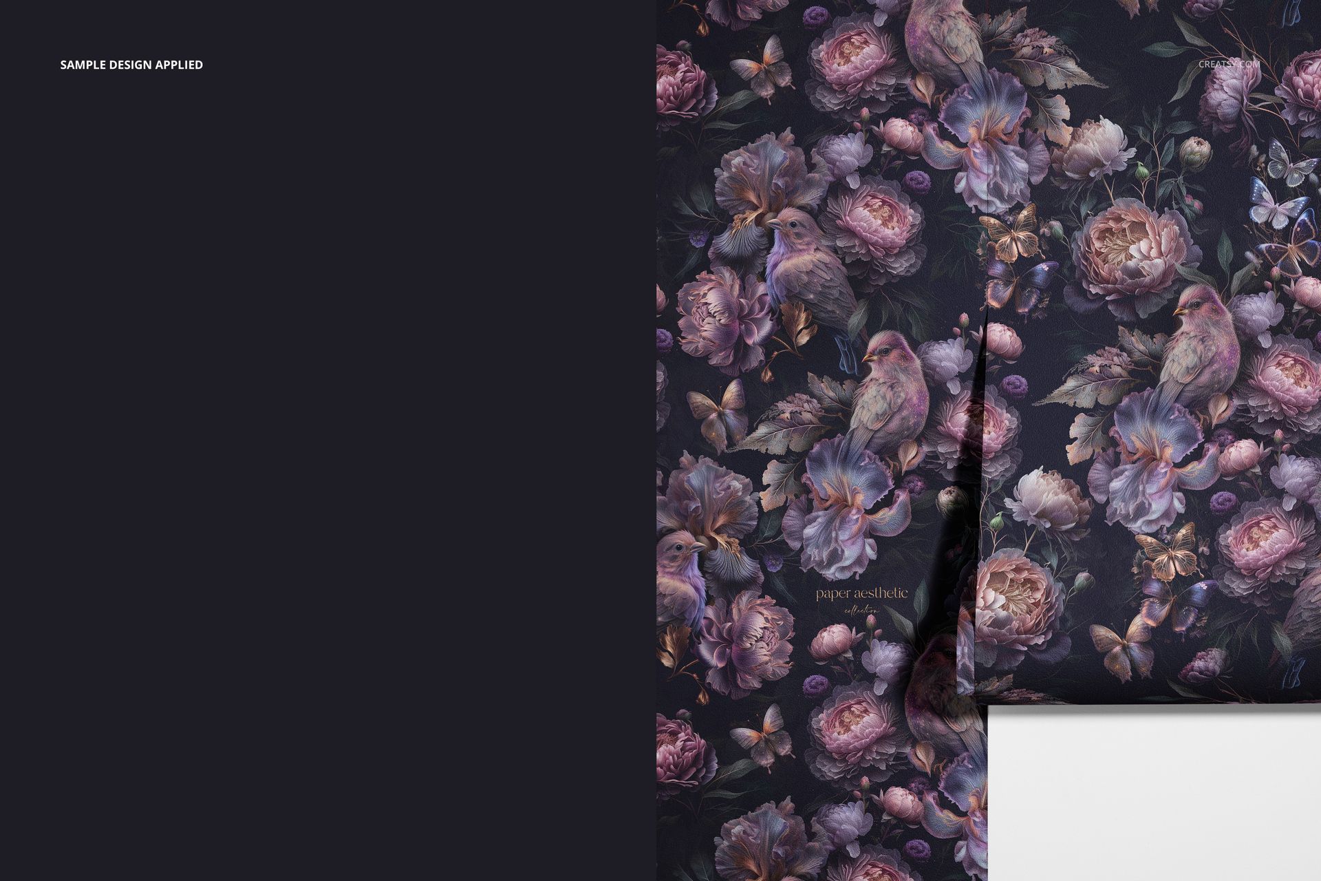 Front view of non-woven vinyl wallpaper mockup featuring a floral and bird pattern in purple and pink tones.