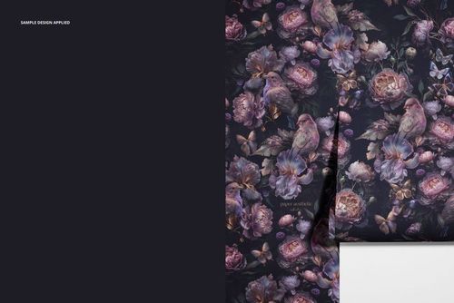 Front view of non-woven vinyl wallpaper mockup featuring a floral and bird pattern in purple and pink tones.