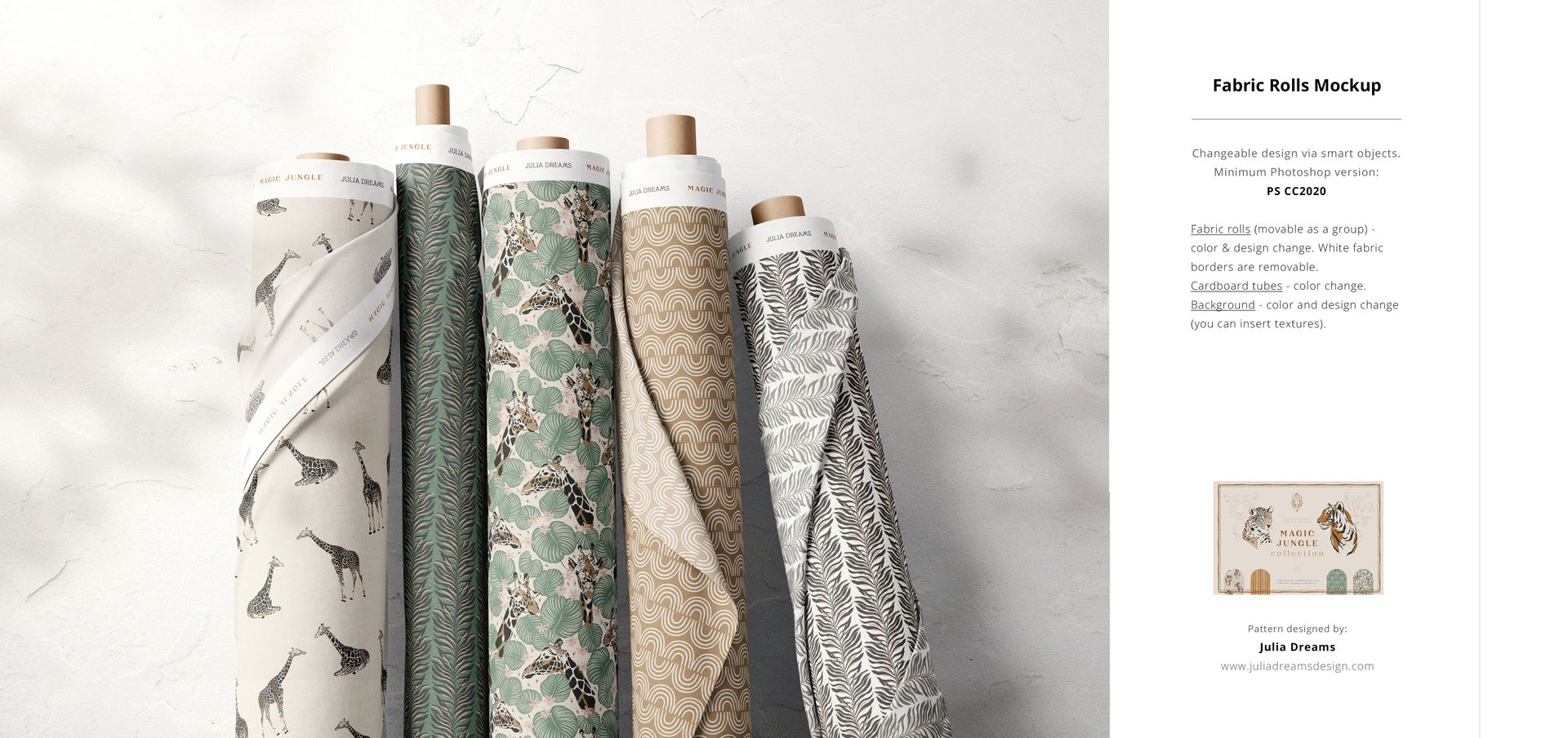 Fabric rolls mockup showing a selection of printed textiles with green, gray, and beige designs, arranged vertically.