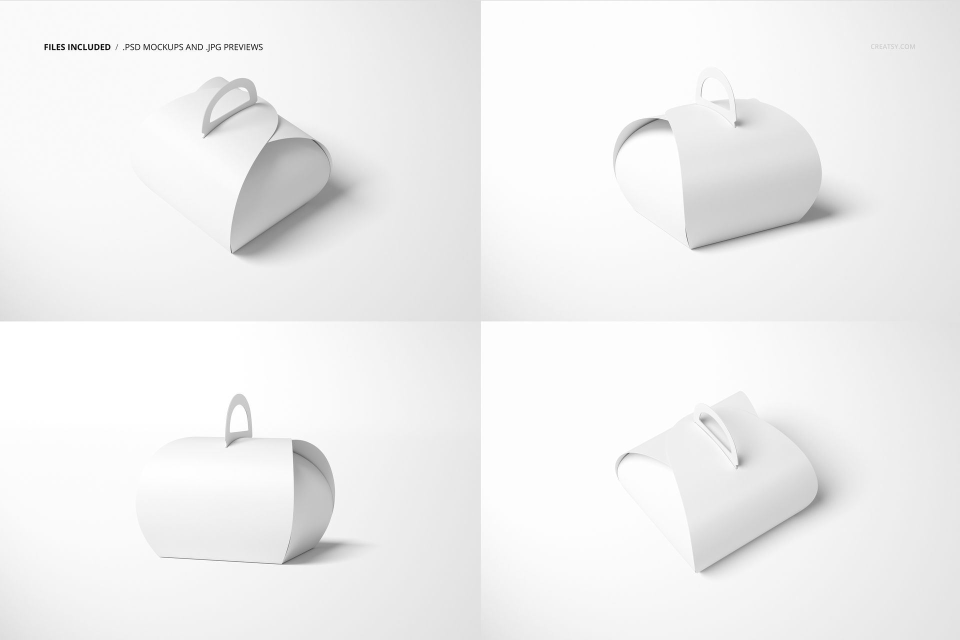 Curved cake box mockup set featuring four white boxes with handles, shown from various angles on a plain background.