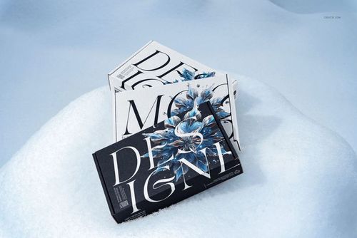 Mailing box mockup set featuring black and white packaging with large text and blue floral graphics on snow.