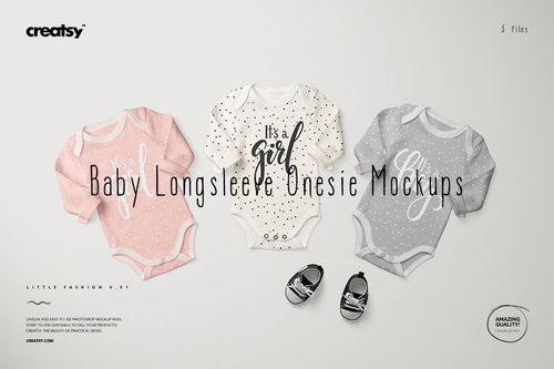 PSD mockup featuring three baby onesies in different colors and patterns, arranged side by side on a neutral surface.