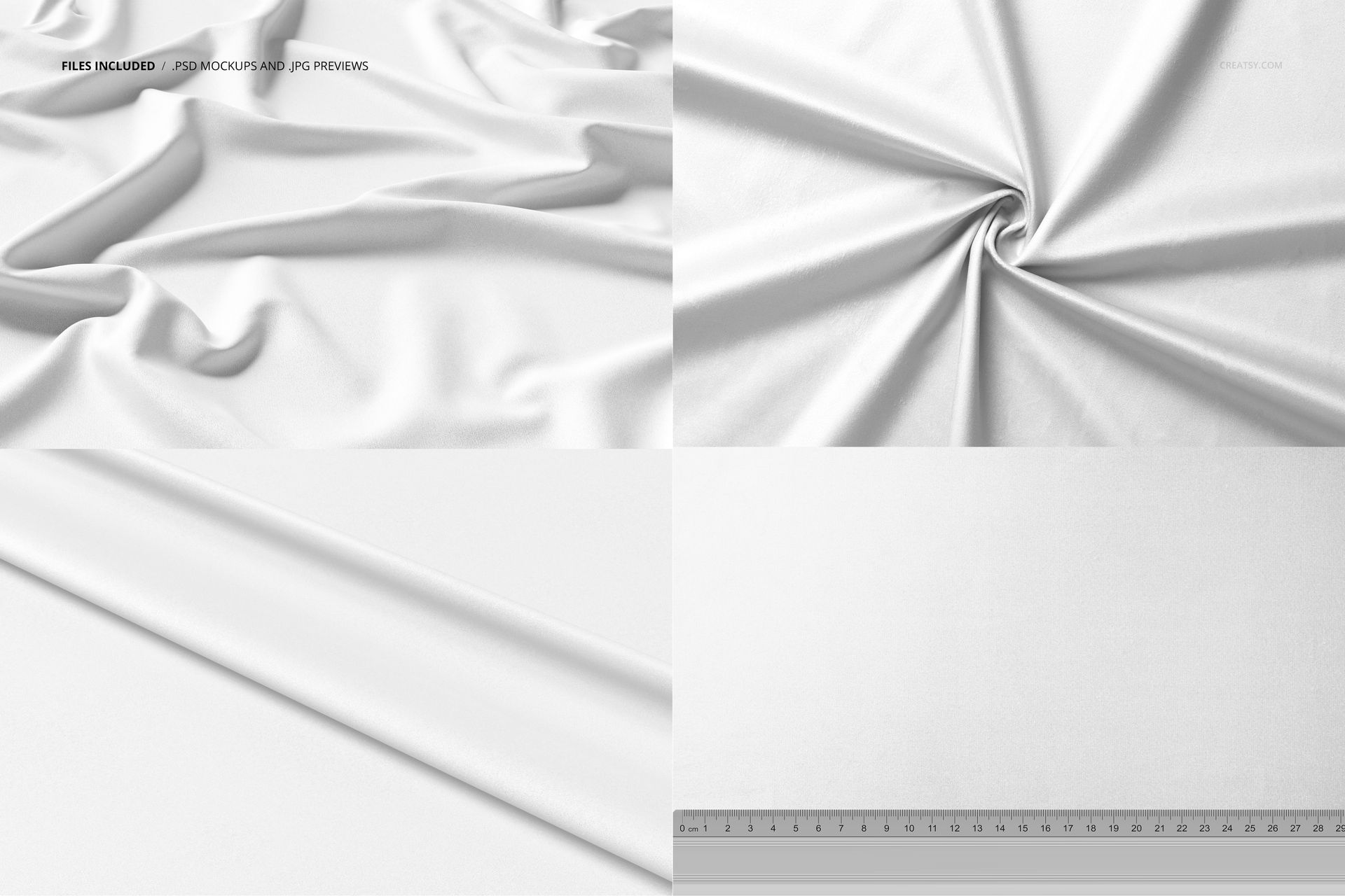 Curtains upholstery fabric mockup set showing four white fabric textures, including draped, twisted, folded, and flat views.