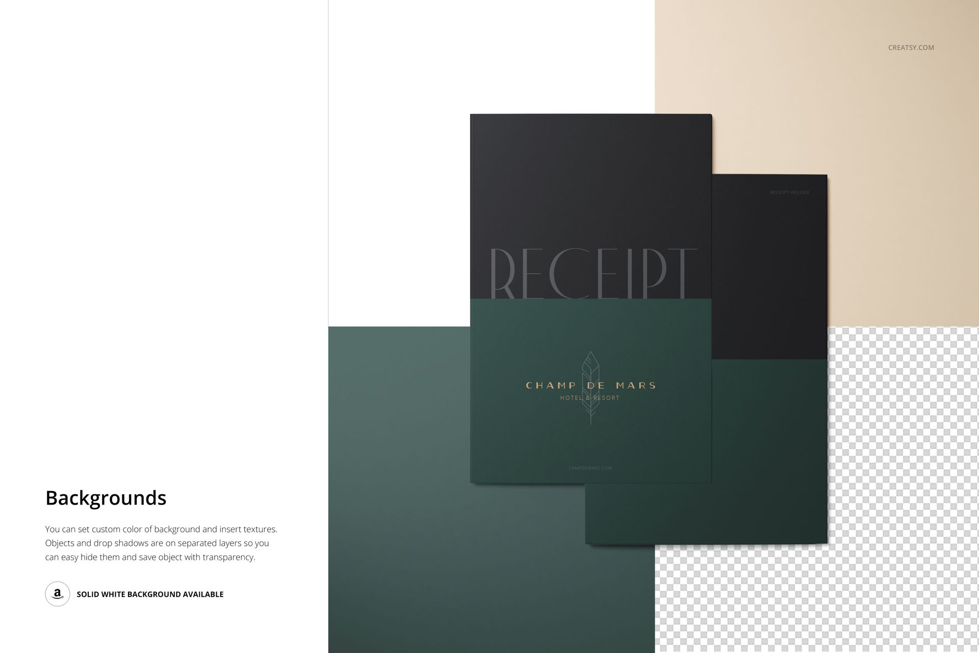 Front view of three receipt holders in dark green and black colors, displayed on layered backgrounds with a mockup layout.