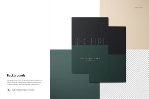 Front view of three receipt holders in dark green and black colors, displayed on layered backgrounds with a mockup layout.