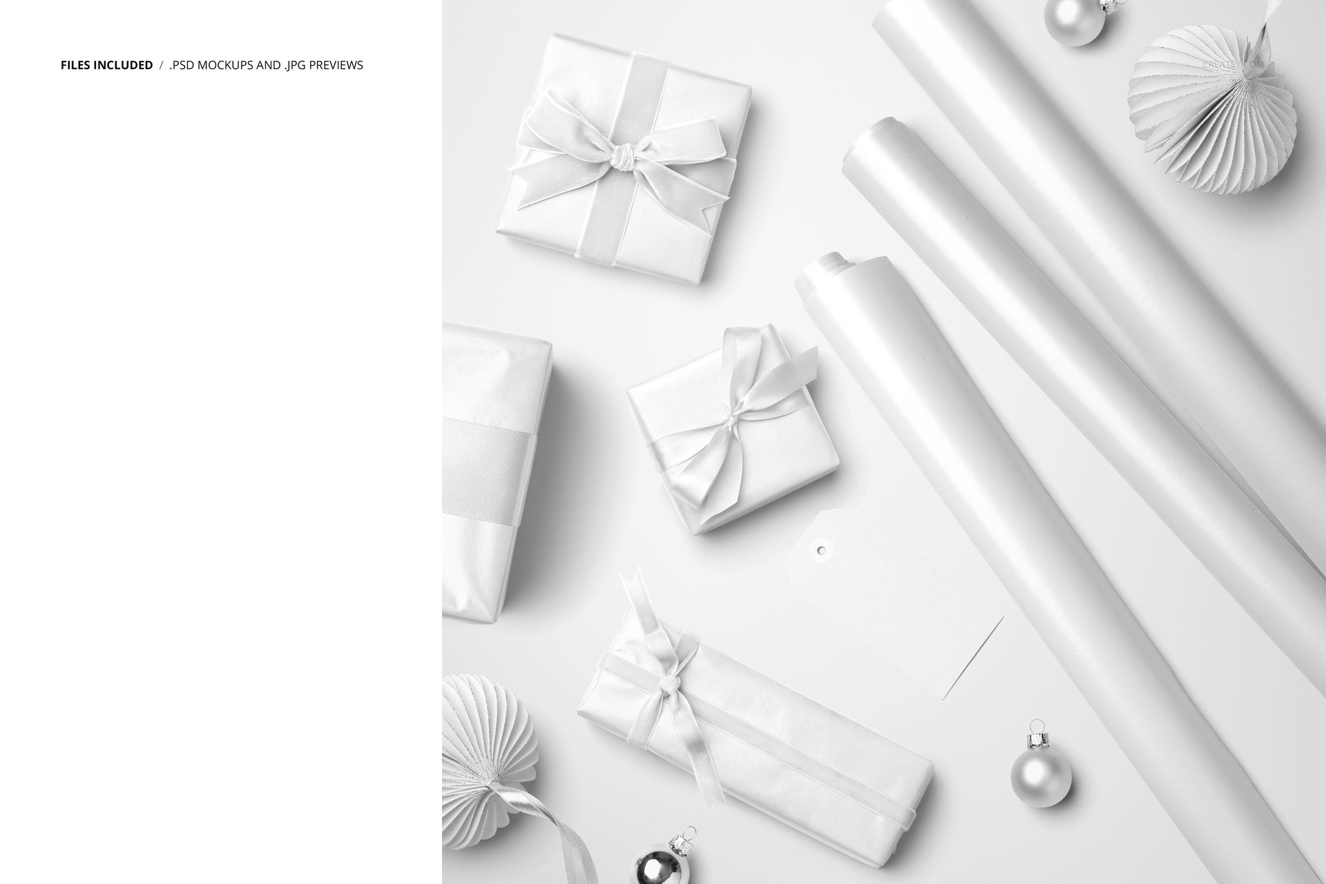 Wrapping papers and gifts mockup with various shapes, ribbons, a gift tag, and paper Christmas decorations in neutral tones.
