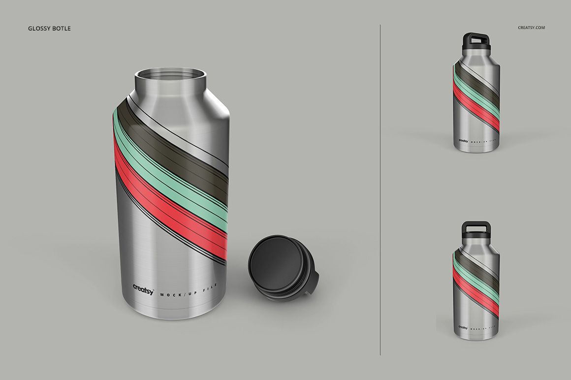 Insulated stainless steel tumbler mockup set with removable lid, shown in front and side views on a gray background.