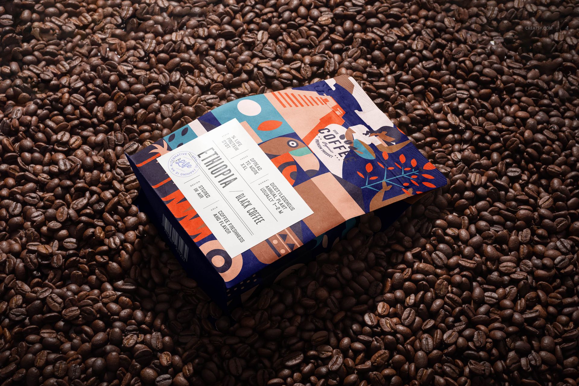 Coffee bag mockup featuring a vibrant geometric pattern and product label, displayed on a bed of roasted coffee beans.