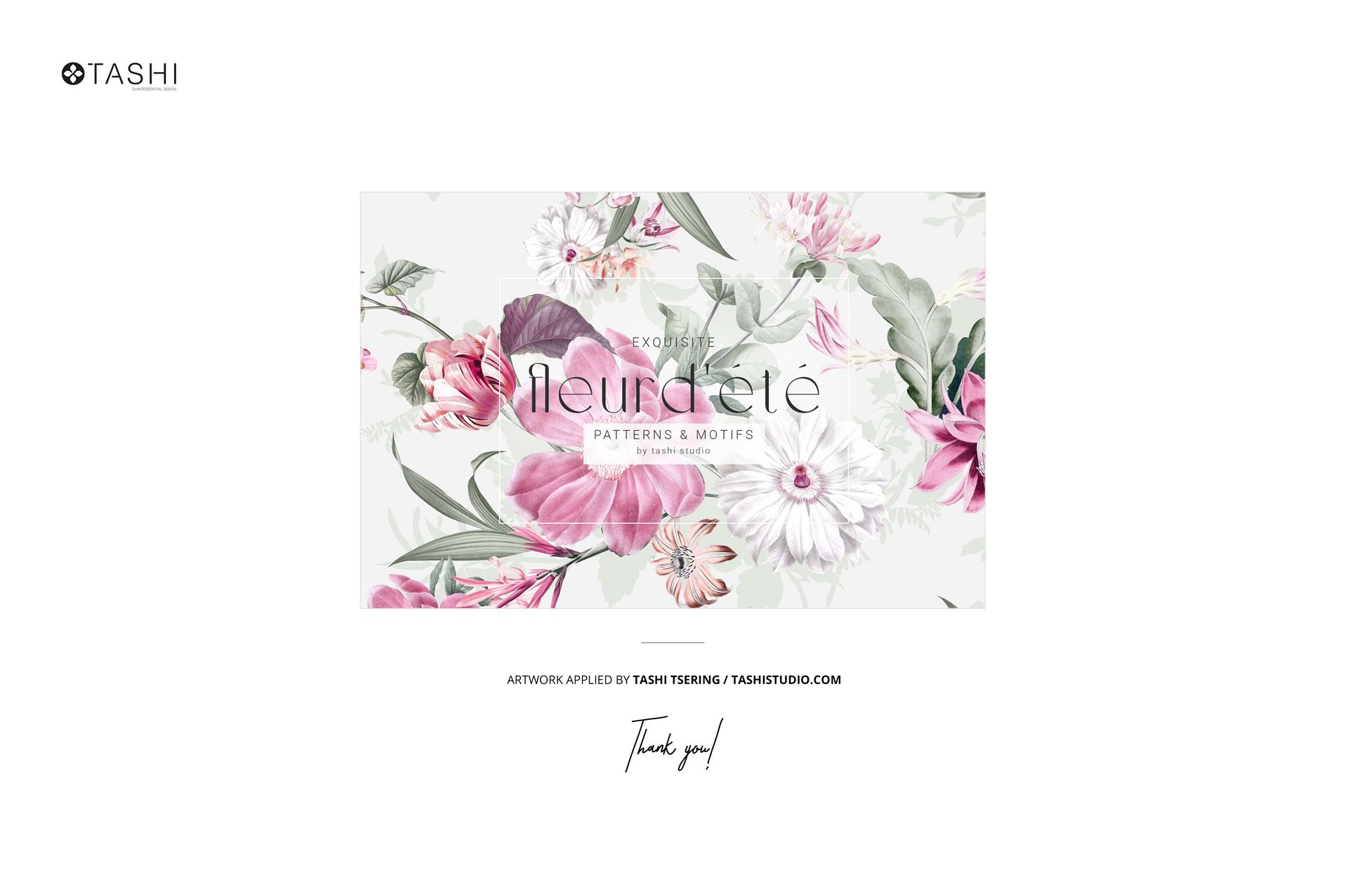 PSD mockup showing a flower-patterned card with botanical designs, set against jersey fabric in a minimal scene.