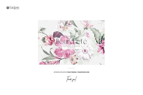 PSD mockup showing a flower-patterned card with botanical designs, set against jersey fabric in a minimal scene.