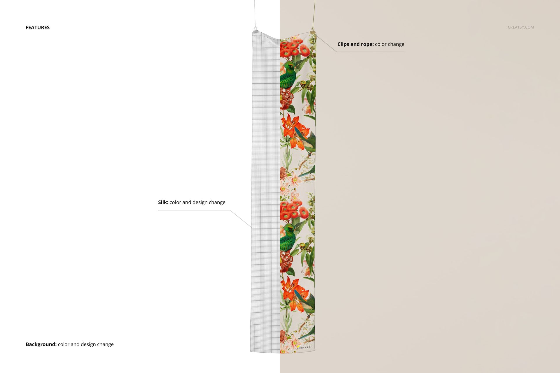 Crepe de Chine silk scarf mockup featuring a colorful botanical design, displayed clipped and suspended on a neutral surface.