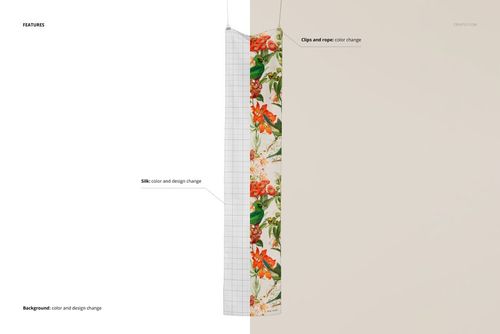 Crepe de Chine silk scarf mockup featuring a colorful botanical design, displayed clipped and suspended on a neutral surface.