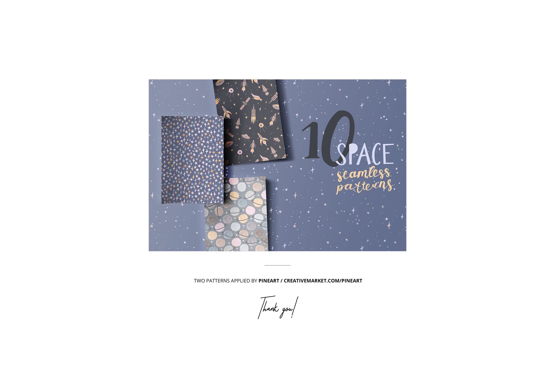 Folded fabric mockup featuring three rectangular pieces with space-themed patterns on a blue background, top view.