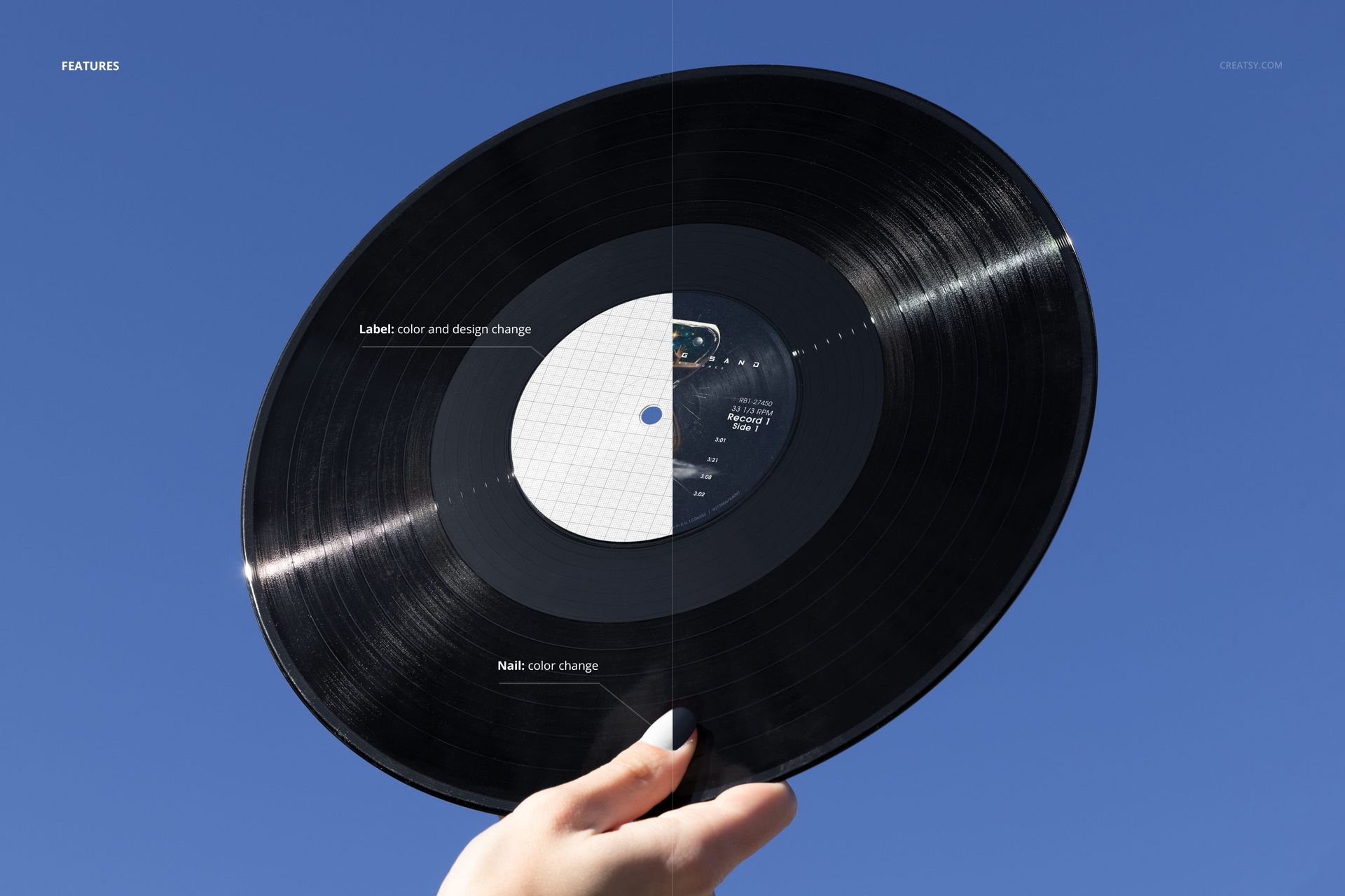Handheld Black Viny Record in the Front of Blue Sky Mockup - mockup screenshot 2
