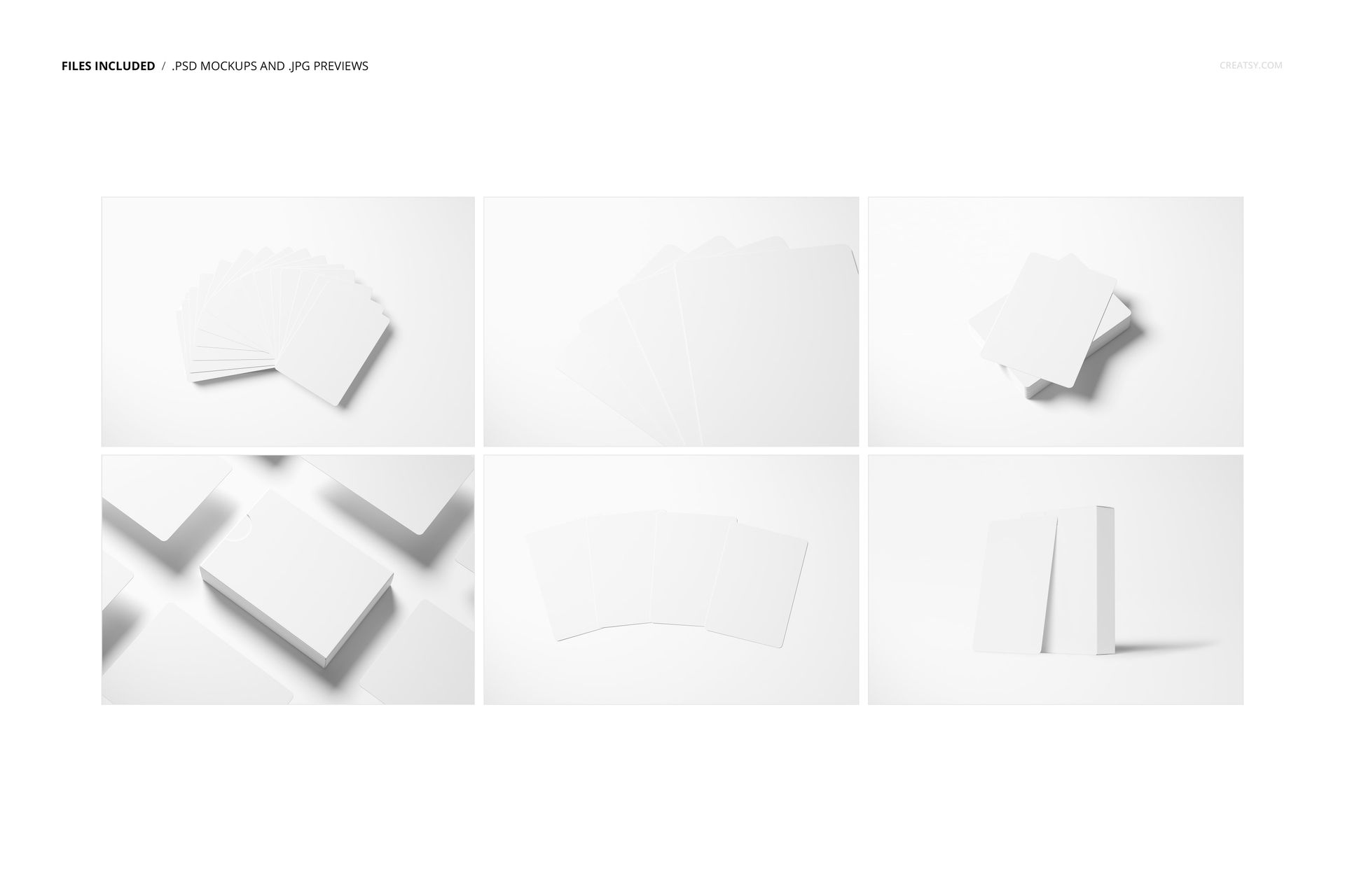 Six mockup styles featuring plain white playing cards and boxes, shown in various layouts and perspectives.