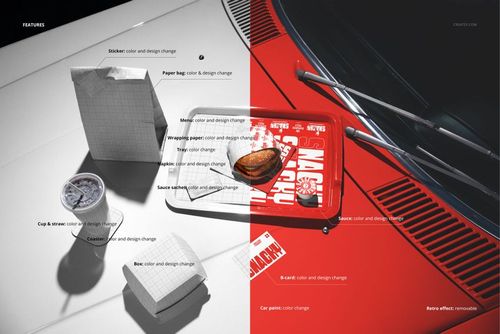 Fast food burger packaging, drink cup, and paper bag displayed on a car hood, shown in a split mockup scene.